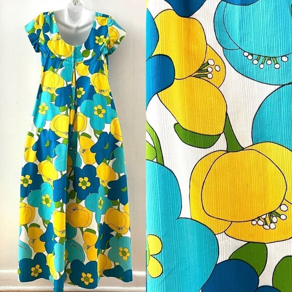 Epic Vintage Hawaiian Maxi Dress Floral 60s 70s Mod Tiki Bar Waterfall Back - Picture 2 of 9